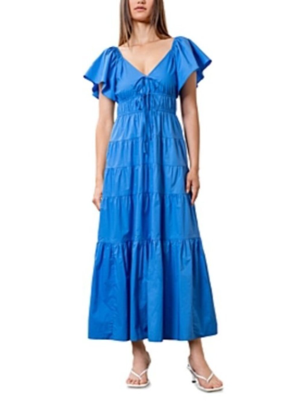 MOON RIVER Flutter Sleeve Tiered Stretch Cotton Maxi Dress Blue Size S